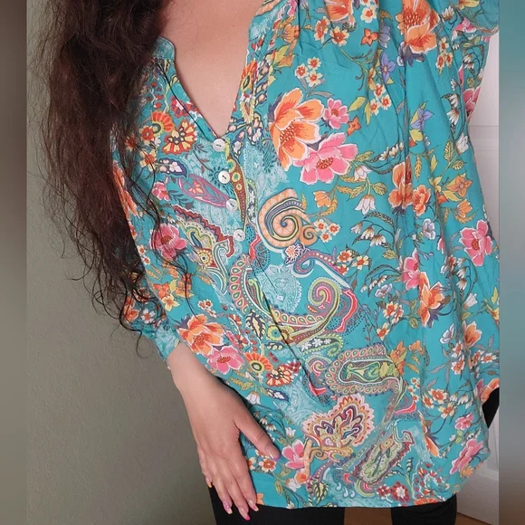 FINAL PRICE Teal Tropical Print Blouse - Picture 2 of 11